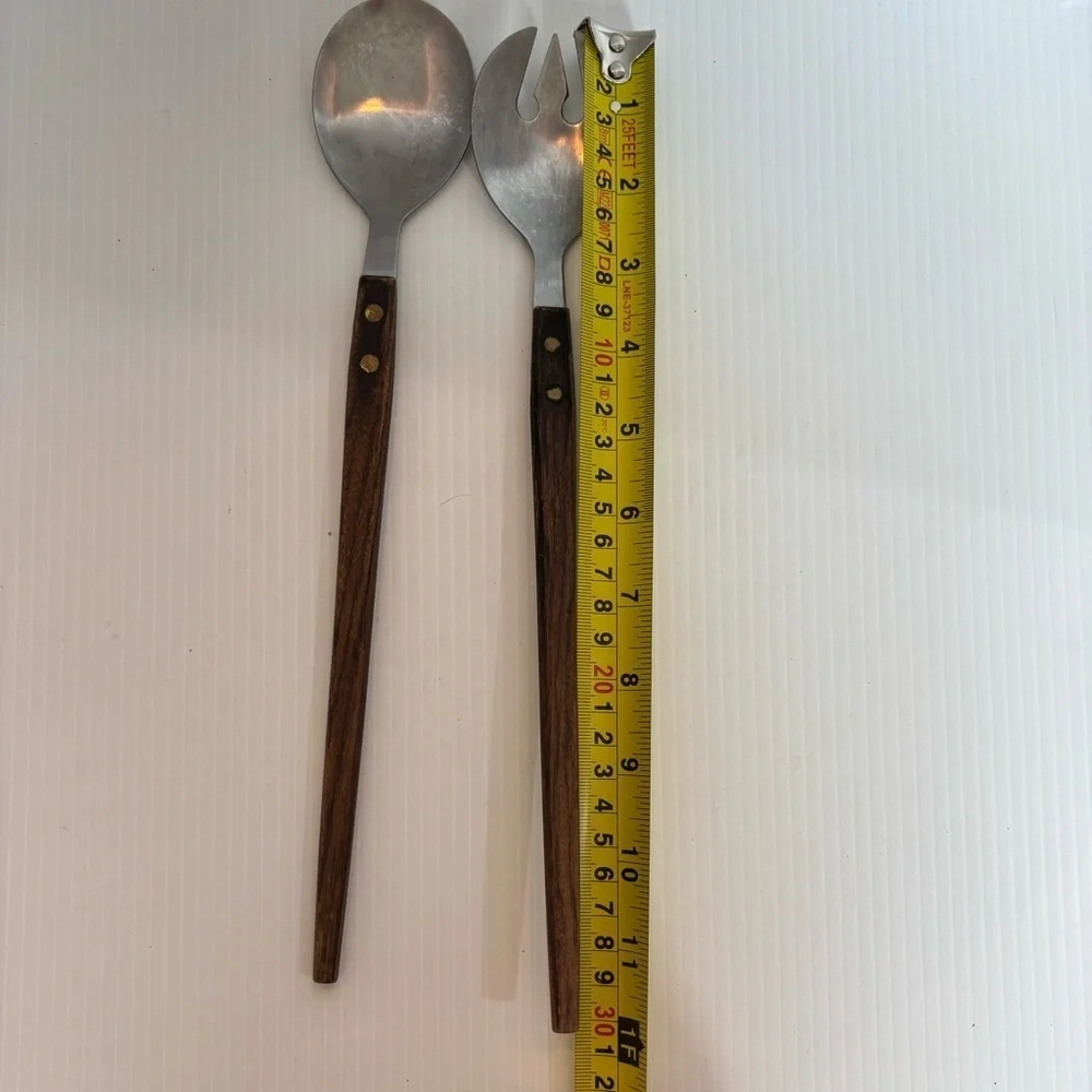 Vintage Salad Serving Set Wood Handle Stainless Rostfrei German MCM 11.5”